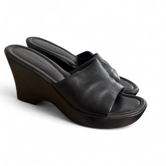 90'S VTG. BLACK LEATHER CHUNKY HILLARD & HANSEN WEDGE SANDALS SIZE 8. - Picture 2 of 8